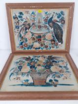 Two Continental reverse paintings on glass depicting peacocks in a garden scene and flowers in a