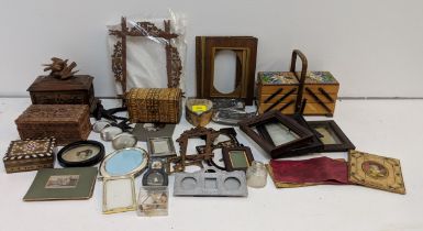 A collection of picture frames and wooden boxes to include a sewing box and related accessories,