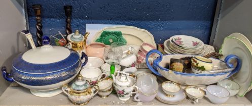 A mixed lot to include a Woods ware tureen with ladle, Coalport, barley twist candlesticks and other