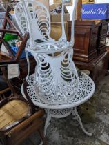 A white painted metal garden table and four garden chairs, Location: