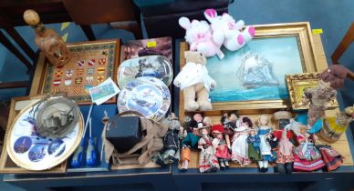 A mixed lot to include. collectors plates, a Concorde wall plate, mixed pictures, tools, dolls of
