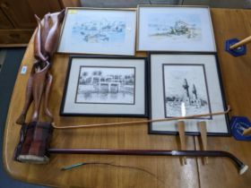 A lot to include four framed and glazed pictures, a Chinese rosewood and snake skin Erhu musical