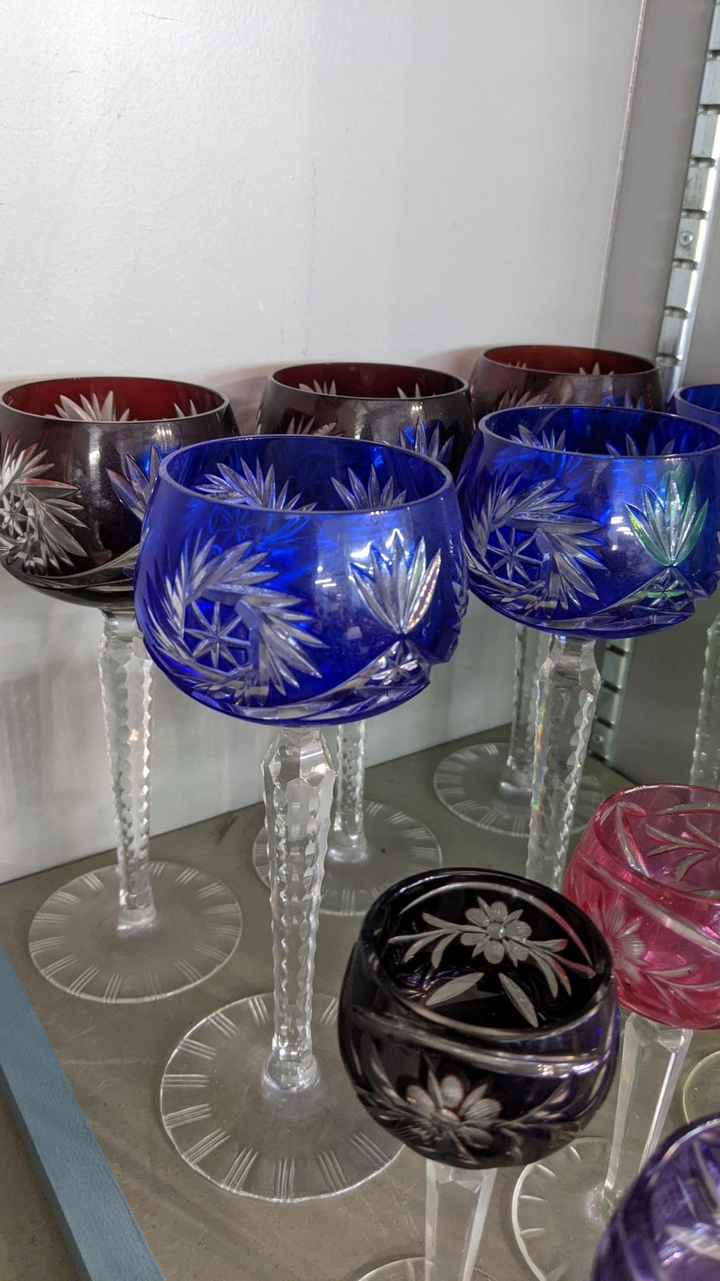 Bohemian Hock glasses with three red and three blue cut bowls, with tapering stems and flat feet, - Image 3 of 6