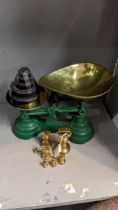 A set of Librasco vintage, green painted scales with weights