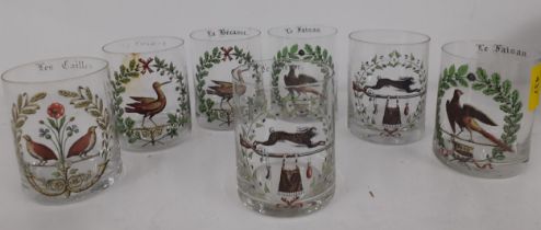 Seven mid 20th Century French enamelled tumblers depicting images of game and French wording, one