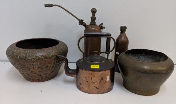 Metalware to include a copper and brass spray, a kettle, jardinieres and a bottle Location: