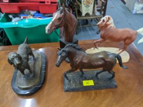 A group of bronze, porcelain and resin horse and dog sculptures to include Dr Robert Taylor for
