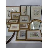 Mixed pictures to include botanical coloured engravings, a map and others, together with two mirrors