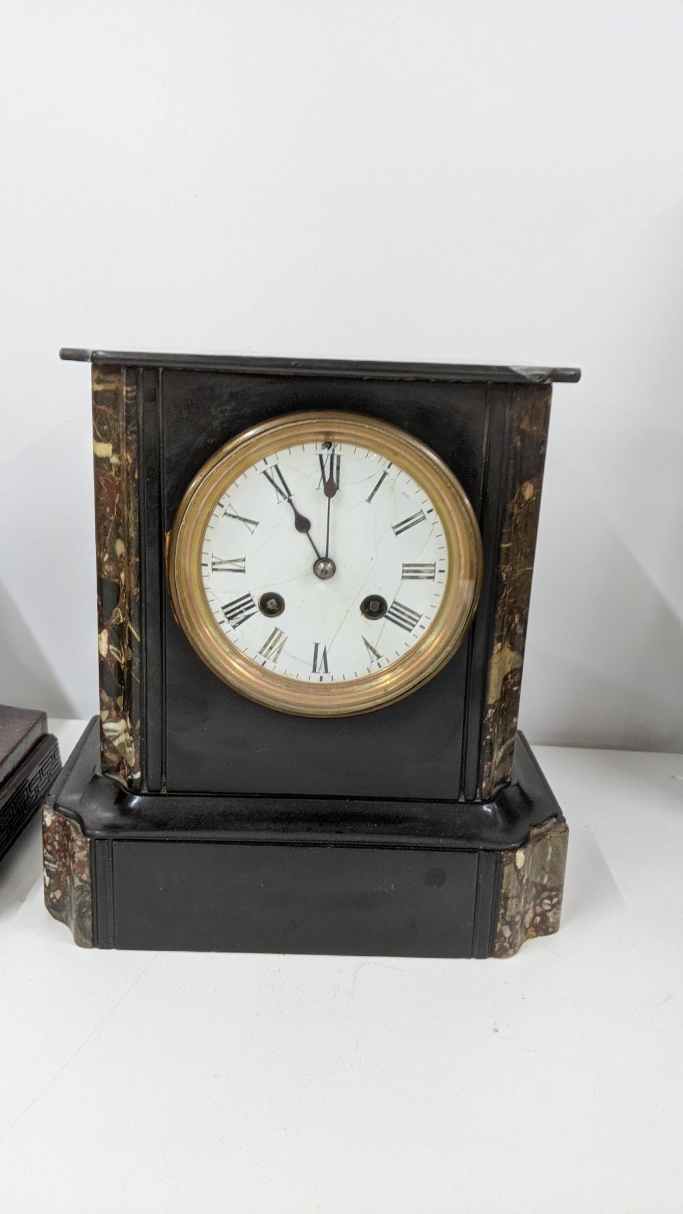 Two early 20th clocks to include a black slate marble mantle clock and one other, Location: - Image 3 of 10