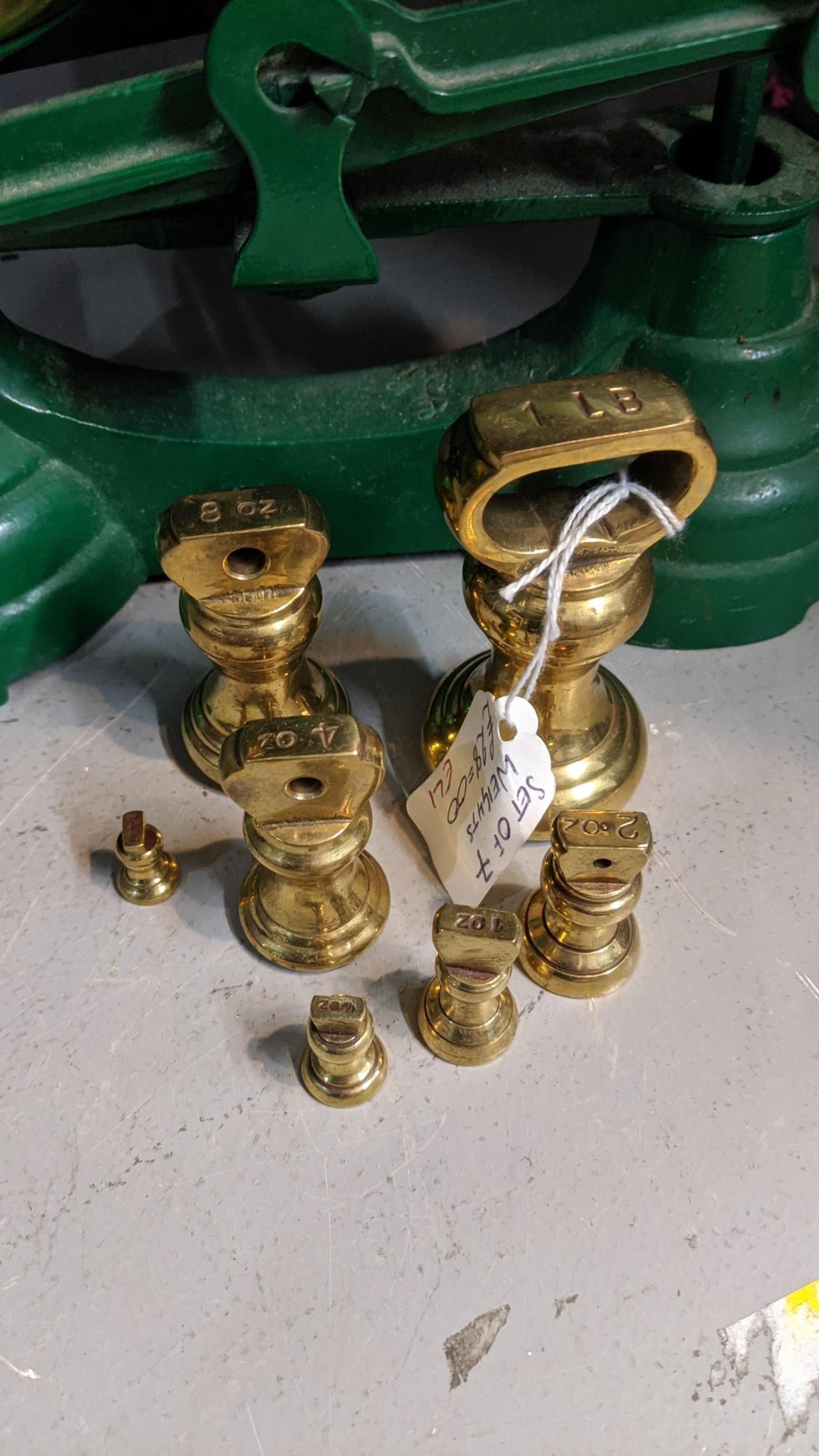 A set of Librasco vintage, green painted scales with weights - Image 3 of 8