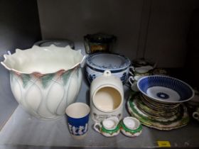 Ceramics to include a modern Chinese jardiniere, a salt pot, a tea set, and other items Location: