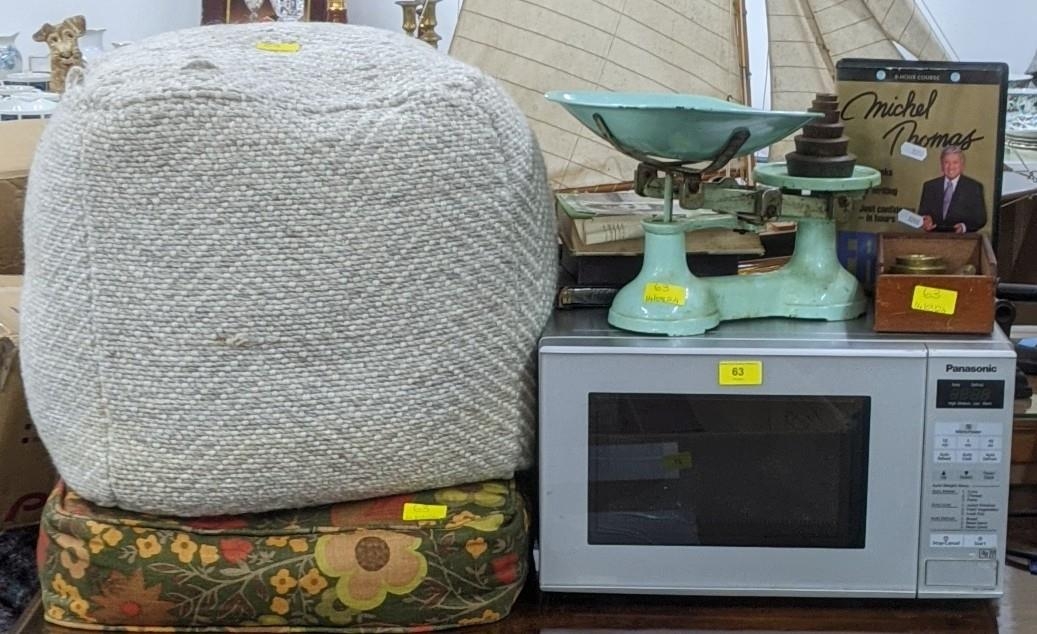 A mixed lot to include a Panasonic 800w microwave, vintage weighing scales with various brass - Image 2 of 8