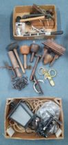 A quantity of vintage treen and other tools to include woodworking hammers together with a vintage