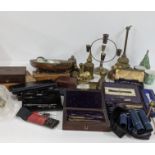 A mixed lot to include vintage engineering drawing sets and boxes, mixed brass and copper ware and