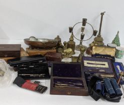 A mixed lot to include vintage engineering drawing sets and boxes, mixed brass and copper ware and