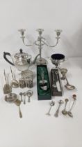 Mixed silver plated items to include a Mappin & Webb teapot, a two branch candelabra, a Culinary