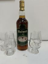 A single bottle of Bladnoch aged 18 years, Single lowland malt 70cl & 5 glasses Location: