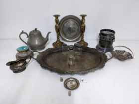 A selection of silver plate and other metalware to include three dressing table cut glass and silver
