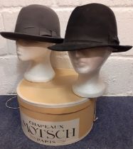 Two vintage gents hats to include a chapeau Mossant, Paris brown felt Trilby 55cm internal