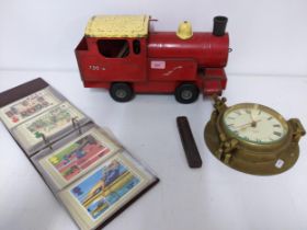 A lot to include a Triang tin plate puff - puff pull along model locomotive, a nautical quartz