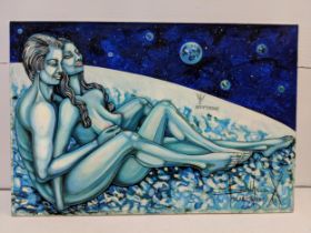 Bruna X ' Love in the planet Neptune' oil on canvas signed and dated 1976 unframed 60cmx 90cm