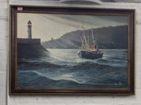 Gordon Allen - oil on canvas depicting a fishing boat and lighthouse, 90cm x 58.5cm, framed