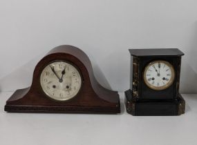 Two early 20th clocks to include a black slate marble mantle clock and one other, Location:3.1