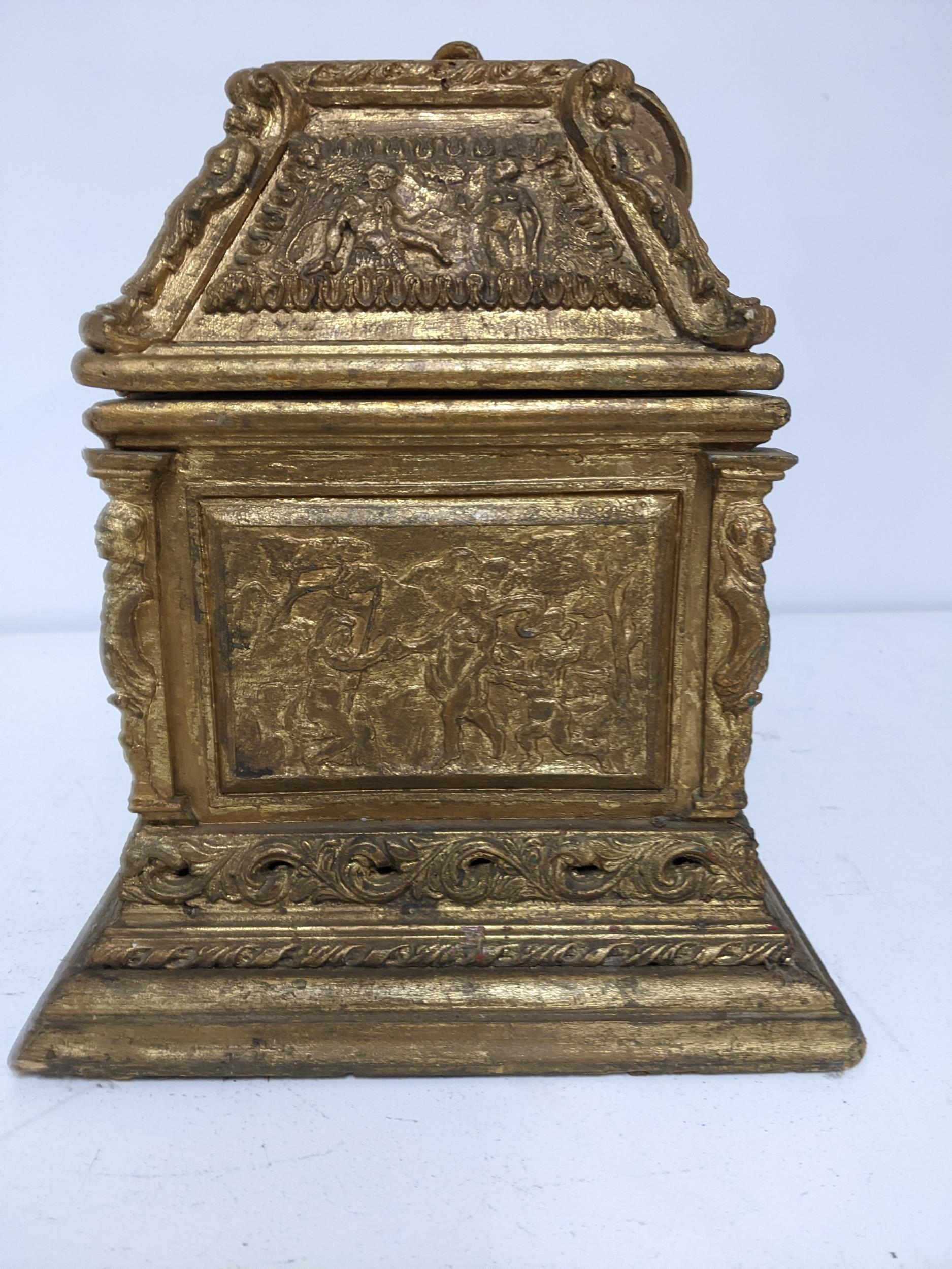A late Victorian gilt wood jewellery casket, decorated with panels in relief of figures in various - Image 4 of 4