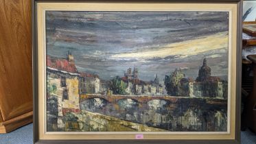 20th century Continental school - a city river scape, signed indistinctly, oil on canvas, 61cm x