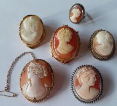 Four cameo style brooches to include one in a rolled gold mount, a cameo style clip and a cameo