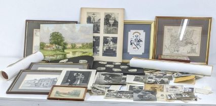 A mixed lot of ephemera to include photographs, framed and glazed pictures, a framed map of