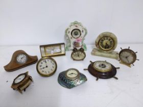 A group of mantle, wall and bedside clocks, barometer and alarm clocks to include a Smith Empire '