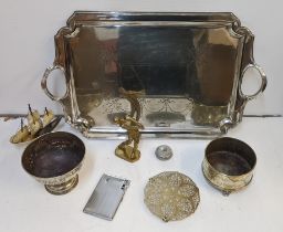 Silver plate and metalware to include a tray, a bowl, a figure of a golfer and other items Location: