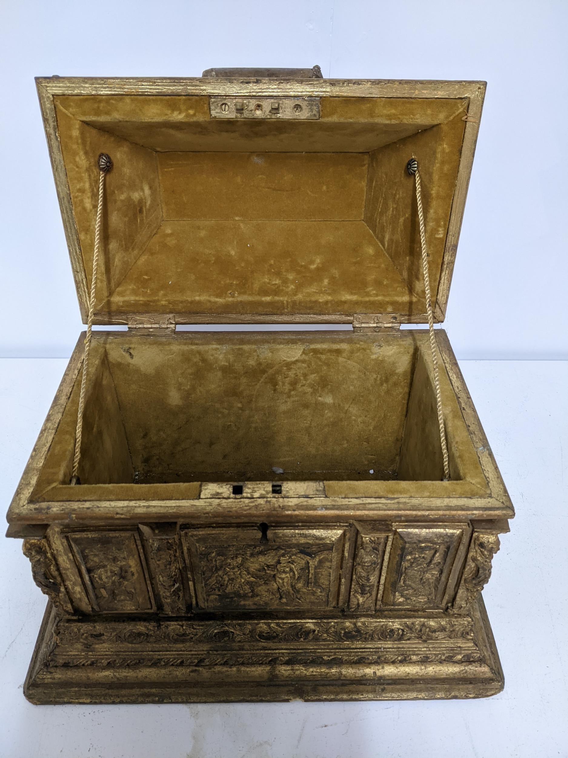 A late Victorian gilt wood jewellery casket, decorated with panels in relief of figures in various - Image 2 of 4