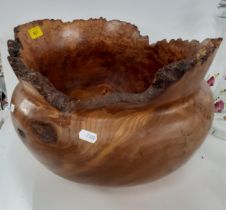 A Terry Harvey hand turned burr wych elm planter, label and carved insignia to base, 27cm High x