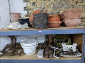 A selection of garden and household items to include terracotta planters and others, white painted