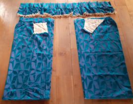 A pair of Retro curtains Circa 1970's in a teal sheen and purple cotton fabric, each curtain