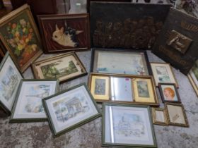 A mixed lot of framed and unframed pictures to include a still life of a vase of flowers signed