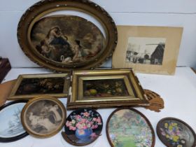 Pictures to include Edith A Anderson, three watercolours still life of flowers, Victorian school,