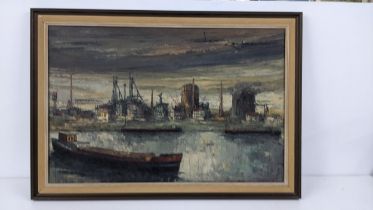 Continental school - and industrial landscape with barges on a river, signed indistinctly, oil on