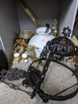 A mixed lot of lighting and other items to include a black painted metal framed ceiling light,