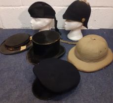 Six vintage gents hats to include a black Western Cap Ltd conductors peak cap size 58, a Lincoln