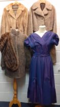 A bespoke purple taffeta silk tea length dress approx 36" chest x 46" long with matching belt and