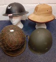 Four 20th Century gents hats comprising a WW2 British Air Raid Warden's helmet, a 1982 Falklands War
