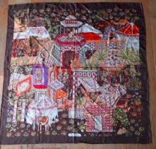 Salvatore Ferragamo-A brown silk scarf having an Oriental circus theme and hand-rolled edges, 34"