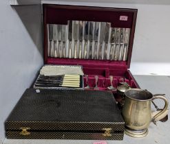 A Harrods silver plated canteen of cutlery in a wooden case and other mixed silver plated items