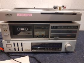 A late 20th Century mixed Sony and JVC music system comprising a JVC R-K10L Stereo Receiver, a