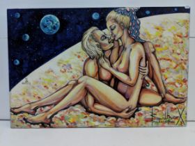 Bruna X 'Love in the Planets Jupiter' oil on canvas signed and dated 1975 unframed 60cm x 90cm