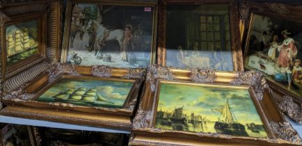 A group of gilt framed prints depicting marine scenes with sail boats, another depicting children