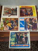 Five vintage French film lobby cards, for Sugarfoot, staring Randolph Scott, Red Sundown, High